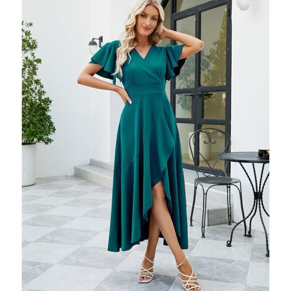 Formal Dress Womens Split V Neck Wrap Ruffle Evening Party Cocktail Dress 2XL - Picture 2 of 8